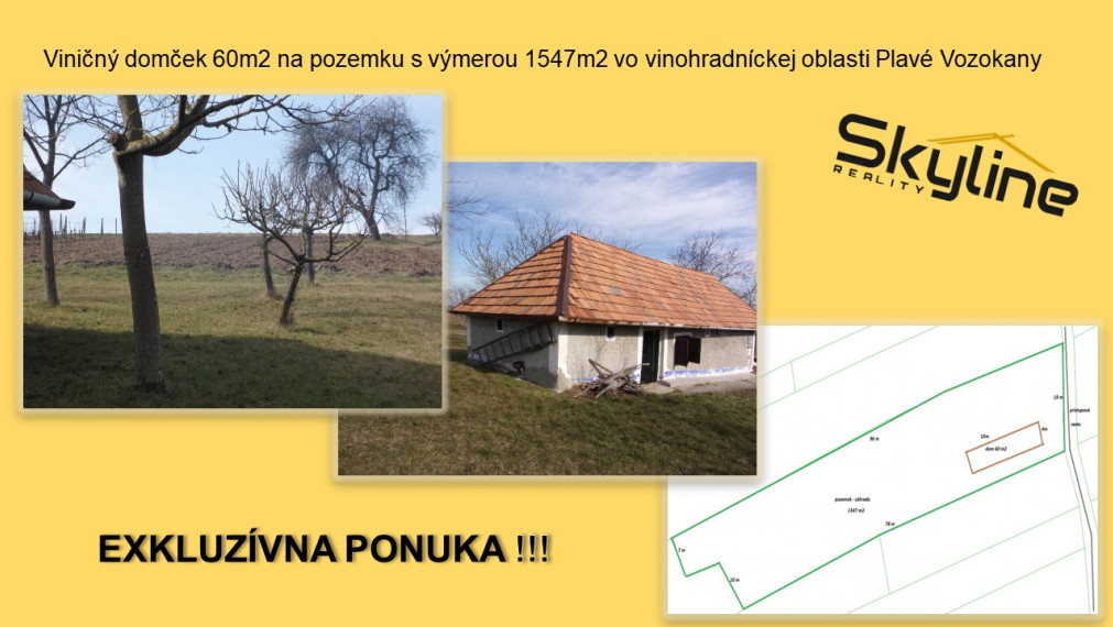 ZNÍŽENÁ CENA!!!Dávame do ponuky viničný domček ideálny na chalupárčenie, s krásnym výhľadom na lesy a okolie. Možnosť turistiky, hubárčenia a v agátových lesoch možné využitie pre prípadných včelárov.