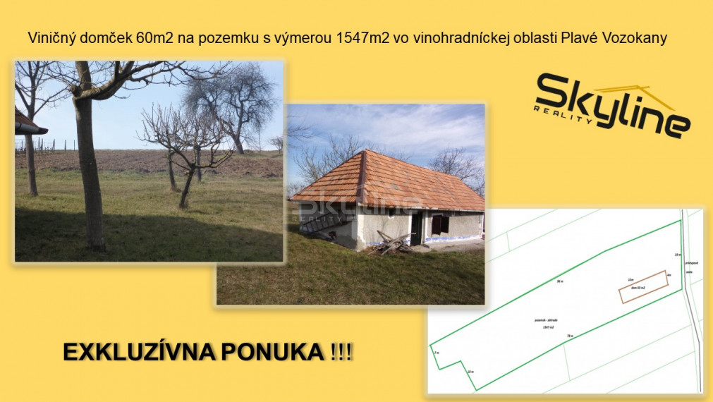 ZNÍŽENÁ CENA!!!Dávame do ponuky viničný domček ideálny na chalupárčenie, s krásnym výhľadom na lesy a okolie. Možnosť turistiky, hubárčenia a v agátových lesoch možné využitie pre prípadných včelárov.